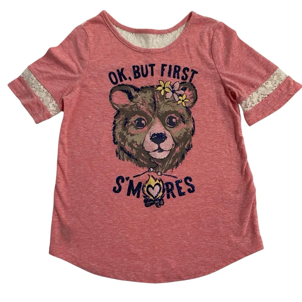 JUSTICE T-Shirt Top Size 7 Lace Pink Sparkle Bear S’mores Graphic Short Sleeve